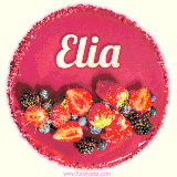 Beautifully decorated red velvet berry birthday cake with vibrant fruits and a glowing 'Elia' name, adding a touch of sweetness and sparkle.