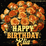 Animated bouquet of orange roses with moving butterfles and golden 'Happy Birthday Elia' text, surrounded by sparkling accents and a dark backdrop for a luxurious feel.