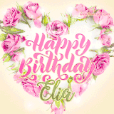 A stunning heart made of pink roses surrounds the elegant script text 'Happy Birthday Elia' on a soft beige background. Animated sparkles add a magical and festive feel.