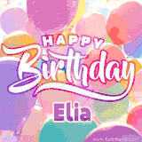 A vibrant name GIF featuring colorful balloons in shades of pink, orange, and yellow with the bold text 'Happy Birthday Elia' in festive fonts, creating a lively birthday vibe.