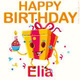 A vibrant and funny gift box character with a happy face dancing with a cupcake and the text 'Happy Birthday Elia,' surrounded by animated confetti and party vibes.