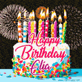 Amazing Animated GIF Image for Elia with Birthday Cake and Fireworks