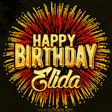 Golden 'Happy Birthday Elida' text accompanied by animated rainbow fireworks for a festive animated greeting.