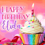 A vibrant birthday GIF featuring a rainbow-colored cupcake topped with white frosting, sprinkles, and a lit candle. The text reads 'Happy Birthday Elida' in bold pink and violet letters with white outline.