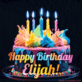 A vibrant animated GIF featuring a colorful rotating birthday cake with bright frosting swirls, glowing candles, and the text 'Happy Birthday Elijah!' in rainbow colors.
