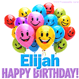 An animated birthday-themed name GIF with colorful smiling balloons and bold 'Elijah, Happy Birthday!' text for a celebratory touch.