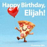 Funny animated pepperoni pizza slice dancing and holding a balloon with Happy Birthday Elijah text