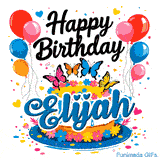 Close-up of a decorative white drip cake with the name Elijah and bright butterflies, featured on an animated card.