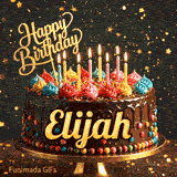 Animated chocolate cake for Elijah's birthday with colorful whipped cream, burning candles, and a gold Happy Birthday topper.