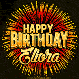 Golden 'Happy Birthday Eliora' text accompanied by animated rainbow fireworks for a festive animated greeting.