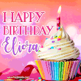 A vibrant birthday GIF featuring a rainbow-colored cupcake topped with white frosting, sprinkles, and a lit candle. The text reads 'Happy Birthday Eliora' in bold pink and violet letters with white outline.