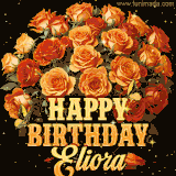 Animated bouquet of orange roses with moving butterfles and golden 'Happy Birthday Eliora' text, surrounded by sparkling accents and a dark backdrop for a luxurious feel.