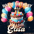 Hand-drawn happy birthday cake adorned with an arch of colorful balloons - name GIF for Elisa