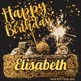 Celebrate Elisabeth's birthday with a GIF featuring chocolate cake, a lit sparkler, and golden stars