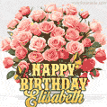 Birthday wishes to Elisabeth with a charming GIF featuring pink roses, butterflies and golden quote