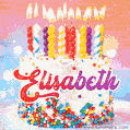 Personalized for Elisabeth elegant birthday cake adorned with rainbow sprinkles, colorful candles and glitter