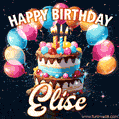 Hand-drawn happy birthday cake adorned with an arch of colorful balloons - name GIF for Elise