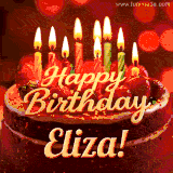 Beautifully decorated red velvet berry birthday cake with vibrant fruits and a glowing 'Eliza' name, adding a touch of sweetness and sparkle.
