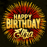 Golden 'Happy Birthday Eliza' text accompanied by animated rainbow fireworks for a festive animated greeting.