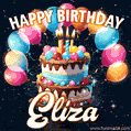 Hand-drawn happy birthday cake adorned with an arch of colorful balloons - name GIF for Eliza