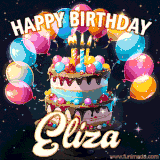 Bright birthday animation for Eliza with a chocolate cake, candles, balloons, and glowing celebratory lights.