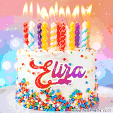 A cheerful white birthday cake with multicolor sprinkles, lit candles, and 'Eliza' written in vibrant letters, in an animated GIF.