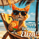 An animated orange cat wearing sunglasses, sitting on a beach chair with a tropical drink, with a festive 'Happy Birthday Eliza!' message.