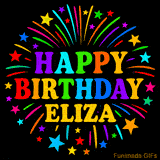 Personalized greeting card with name, colorful text that says 'Happy Birthday Eliza' surrounded by animated fireworks and multicolor stars