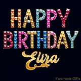 Vibrant luxury birthday greeting card for Eliza, showing glittering gemstone letters and golden calligraphy on a dark background with twinkling shine effects.