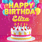 Pink-themed animated greeting with balloons, confetti, and a frosted cake under the message 'Happy Birthday Eliza' in bold rounded yellow font.