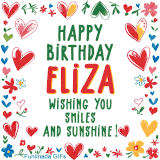 A colorful animated card for Eliza’s birthday featuring playful hearts, cheerful flowers, and a handwritten message wishing smiles and sunshine.
