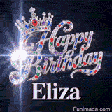 Large silver-white letters with metallic glow spelling Eliza beneath diamond-encrusted Happy Birthday text.