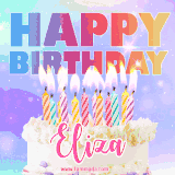 A vibrant animated name GIF with the words 'Happy Birthday Eliza' with colorful candles on a creamy cake. The background sparkles with pastel shades, adding a festive touch.