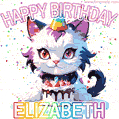 Cute cosmic cat with a birthday cake for Elizabeth surrounded by a shimmering array of rainbow stars