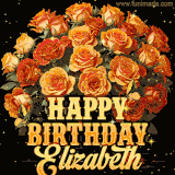 Animated bouquet of orange roses with moving butterfles and golden 'Happy Birthday Elizabeth' text, surrounded by sparkling accents and a dark backdrop for a luxurious feel.
