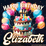 Bright birthday animation for Elizabeth with a chocolate cake, candles, balloons, and glowing celebratory lights.
