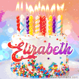 A cheerful white birthday cake with multicolor sprinkles, lit candles, and 'Elizabeth' written in vibrant letters, in an animated GIF.