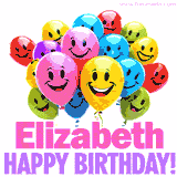 Animated colorful and joyful birthday balloons with cheerful smiles and a bright 'Happy Birthday Elizabeth!' message in pink and purple.