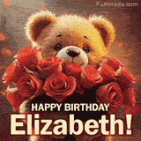 Cinematic style cute animated teddy bear with charming features holding a large bouquet of red roses, the words say 'Happy Birthday Elizabeth' in sans serif font.