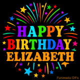 Personalized greeting card with name, colorful text that says 'Happy Birthday Elizabeth' surrounded by animated fireworks and multicolor stars