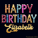 Vibrant luxury birthday greeting card for Elizabeth, showing glittering gemstone letters and golden calligraphy on a dark background with twinkling shine effects.
