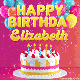 Pink-themed animated greeting with balloons, confetti, and a frosted cake under the message 'Happy Birthday Elizabeth' in bold rounded yellow font.