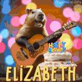 Animated birthday GIF showing a capybara playing guitar and singing beside a birthday cake with the name Elizabeth in large letters and colorful bokeh lights in the background.