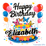 An animated birthday card for Elizabeth. It features a festive cake with her name, 'Elizabeth', and colorful butterflies. Floating balloons and hearts complete the joyful scene.