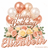 Animated Happy Birthday Elizabeth greeting card with moving balloons and roses