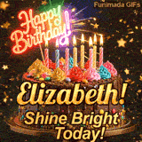 Close-up of a decorative chocolate cake with a glowing neon Happy Birthday sign and warm candle flames, made for Elizabeth.