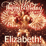 Close-up of a decorative gift box with a golden bow and warm glowing firework flames, made for Elizabeth.