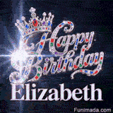 A personalized greeting card for Elizabeth featuring a luxury silver tiara decorated with rubies, sapphires, and emeralds.
