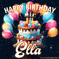 Hand-drawn happy birthday cake adorned with an arch of colorful balloons - name GIF for Ella