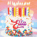 Personalized for Ella elegant birthday cake adorned with rainbow sprinkles, colorful candles and glitter
